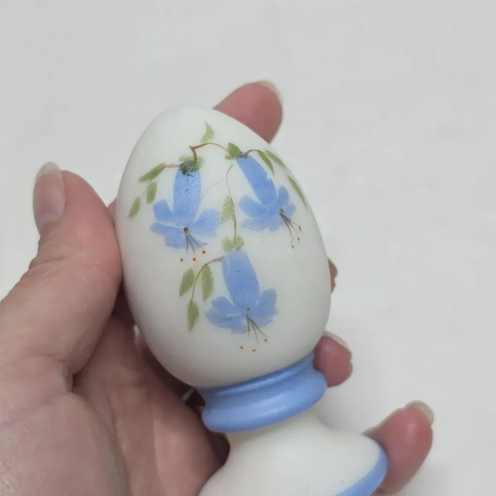 FENTON SATIN MILK GLASS HAND PAINTED BLUE BELLS EGG ON STAND SIGNED VINTAGE